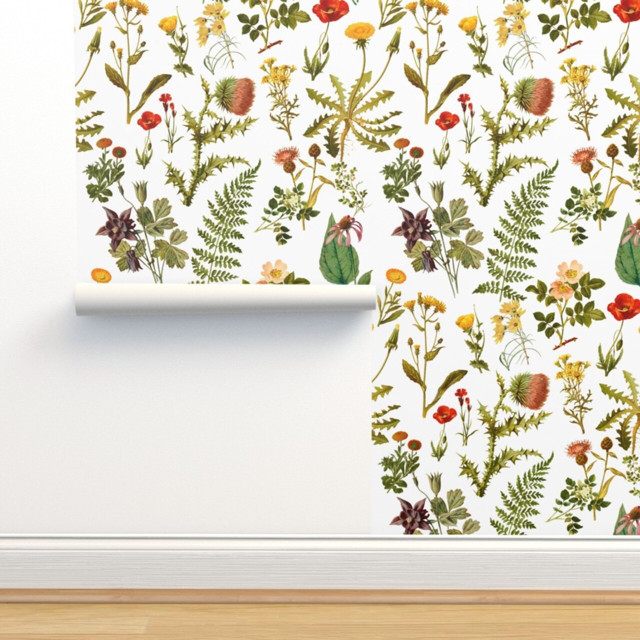 Vintage Botanical Wildflowers Small Florals Botanicals Woodland Flowers Spring Nature Art Illustration Custom Pre-pasted Wallpaper by Spoonflower Pre-Pasted Wallpaper 2FT Wide
